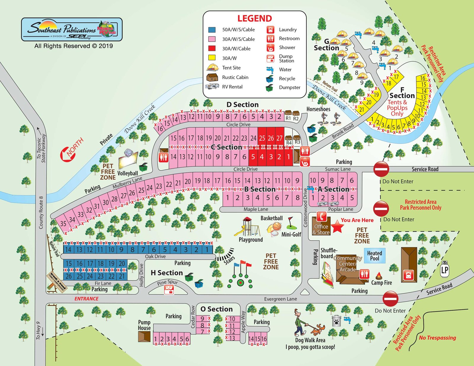 Brook N Wood Family Campground site map showing campsites, cabins, pool, bathhouse and trails